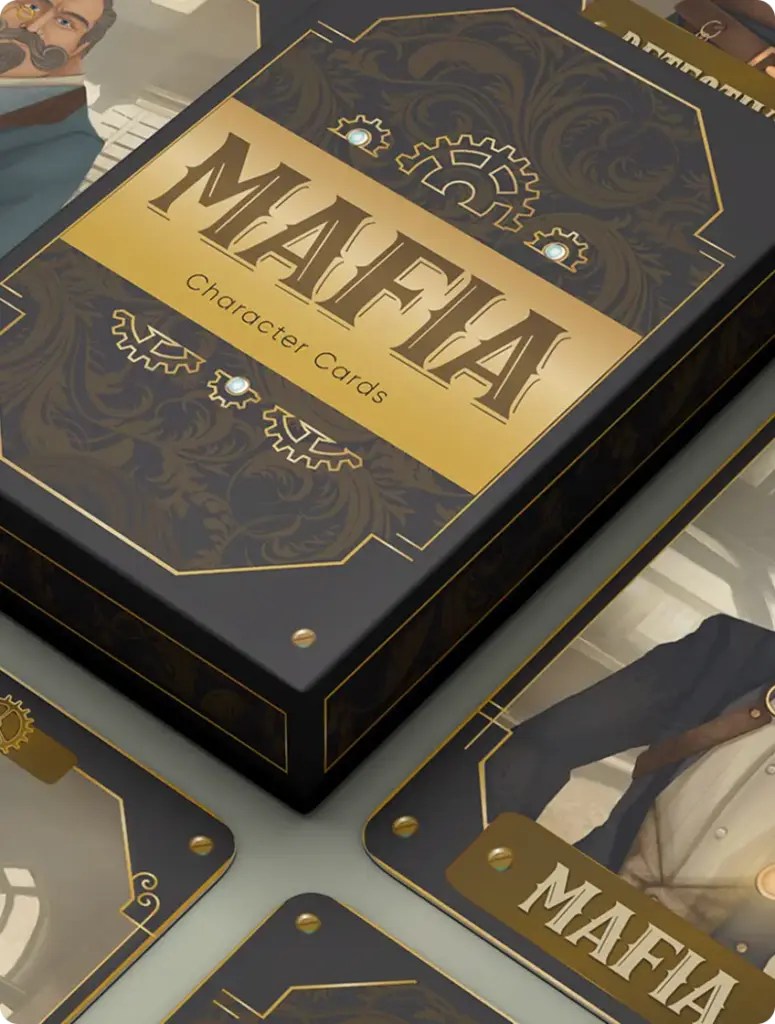 Doos met „Mafia-personagekaarten”, omringd door geïllustreerde kaarten met afbeeldingen van verschillende personages in vintage kleding, zoals een dokter en andere rollen